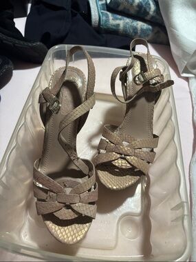 Vince Camuto Taupe Snake-Texture Strappy Slingback Heels